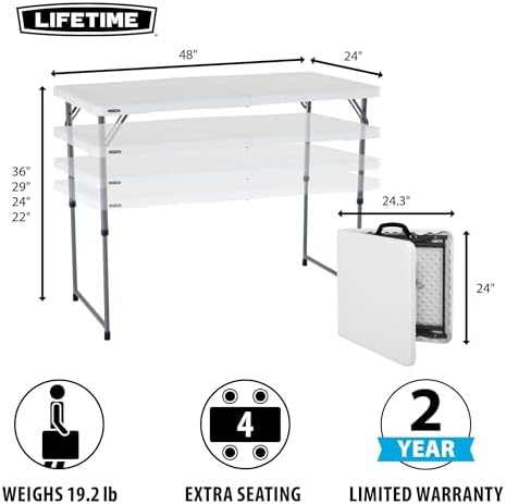 LIFETIME Fold-in-Half Adjustable Folding Table, 4-Foot
