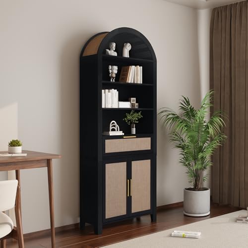 Janmer Home 79" Tall Arched Bookcase Cabinet with Doors, Black,Rattan