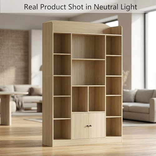 DIYART 63" Tall Oak Bookshelf with 14 Cubbies & 2 Cabinets, 5-Tier L...