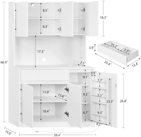 TEENFON Pantry Cabinet with Charging Station and LED Light, Kitchen Pantry Ca...