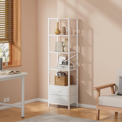 Furnulem 5-Tier Corner Shelf,Tall Narrow Bookshelf with Drawers,White