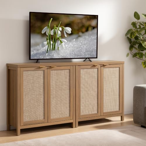 SICOTAS Sideboard Buffet Cabinet with Storage, Rattan Coffee Bar Cabinet
