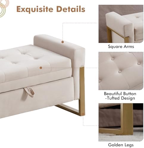 67" Storage Bench for Bedroom, End of Bed Bench King Size, Beige | Doubl...
