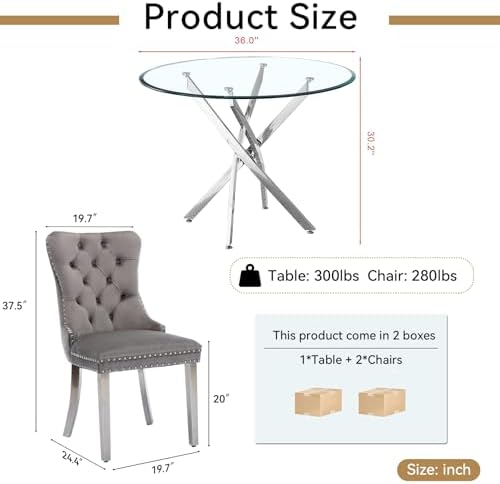 SSLine Modern 3-Piece Round Glass Dining Table Set for 2, 36" Circle Din...