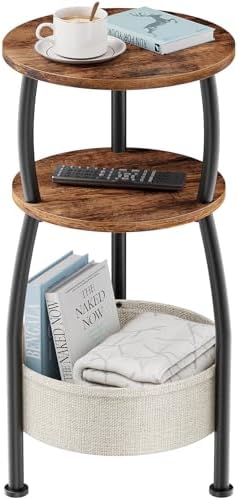 Round Side Table for Small Spaces with Storage Basket, 11.81in