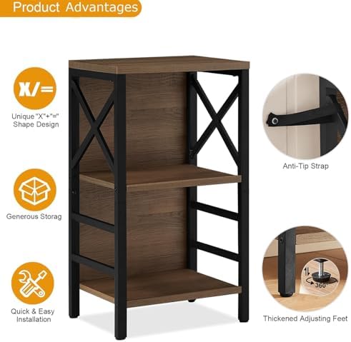 MNEETRUNG Small Bookshelf, 3 Tier Industrial Shelf with Metal Frame and Backb...