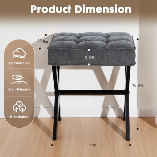Makeup Chair, Modern Luxury Vanity Stool with Linen Plush Seat | Compact X Ba...
