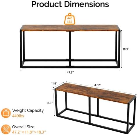 VINGLI Industrial Dining Bench for Dining Room, 47.2 Inch Rustic Brown Kitche...