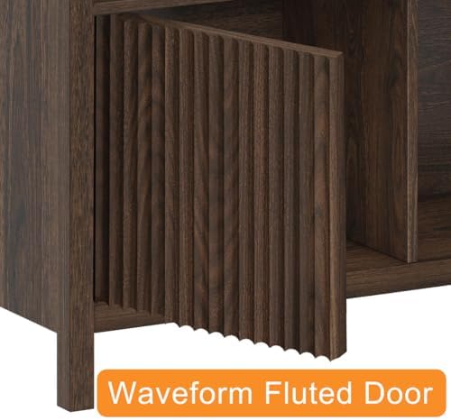 FATORRI Bookshelf with 2 Fluted Wooden Doors, Farmhouse Modern Accent Bookcas...