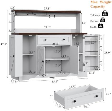 VVFLU Hutch Storage Buffet Cabinet with Drawers, and Charging Station, Coffee...