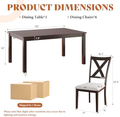 AMERLIFE 7-Piece Farmhouse Dining Table Set for 6, 60'' Table and 6 C...