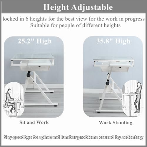 Drafting Table for Artists, Glass Drawing Table with Stool,T1-White