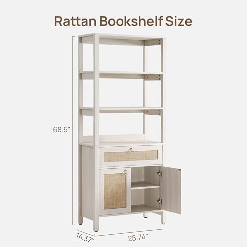 SICOTAS 68.5" Tall Boho Large White Rattan Bookshelf with Drawer and Doors