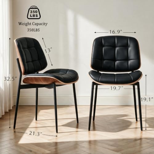 GrandNoor Mid Century Modern Dining Chairs with Walnut Grain Back, Black Faux...