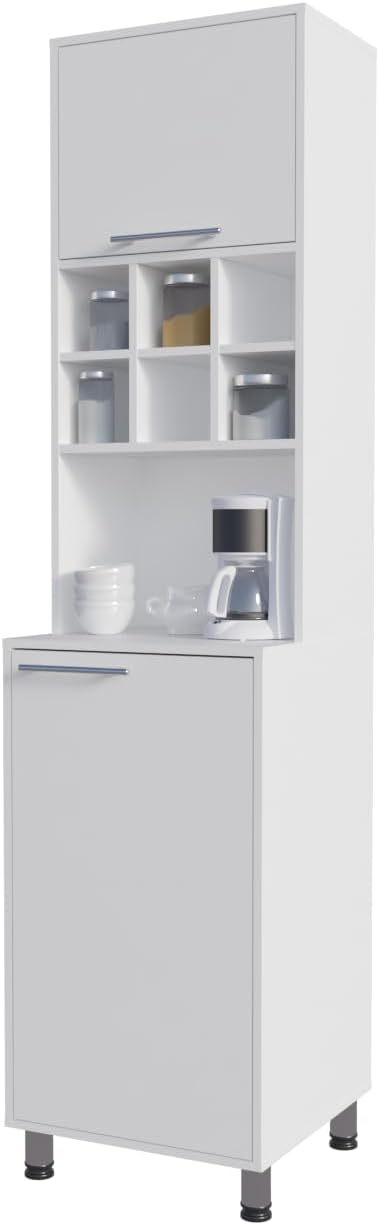 White Kitchen Pantry with Pneumatic Door and Open Storage | Pneumatic door fo...