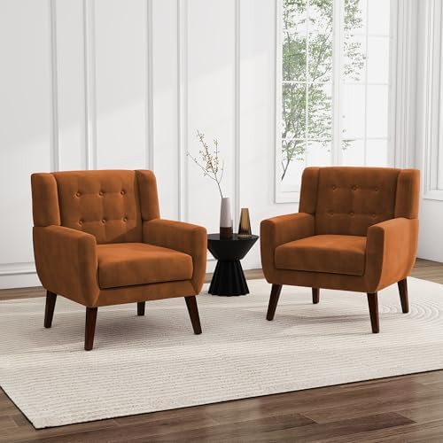 Accent Chairs Set of 2, Velvet Upholstered Armchair, Orange | Mid Century Mod...