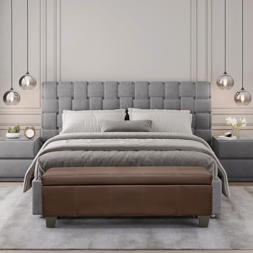 51 Inch Storage Ottoman, Storage Bench with Safety Hinge, Upholstered Synthet...