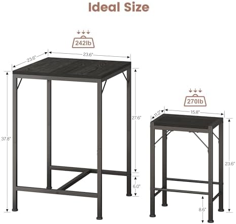 Homeiju Bar Table and Chairs Set, Square Bar Table with 2 Stools, Space-Savin...