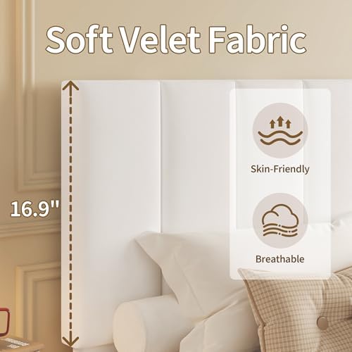 IDEALHOUSE King Size Velvet Upholstered Bed Frame, White