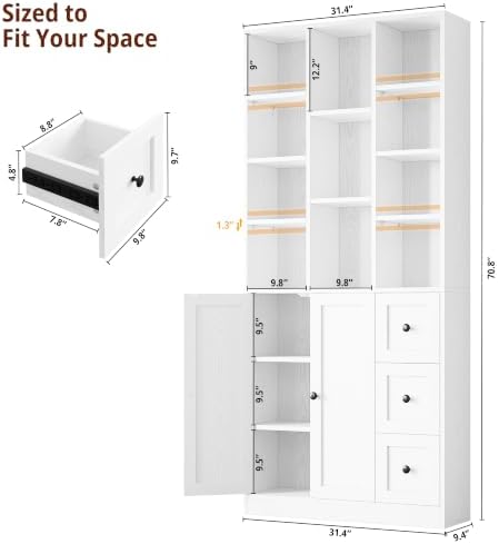 IRONCK Bookshelf with 2 Doors and 3 Drawers, 71" Storage Bookcase, White