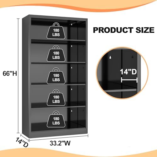 VASAAOSD 66" Tall Metal Bookcase, 5 Shelf Black Bookcase with Adjustable...