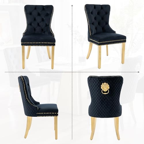Dining Chairs Set of 6, Golden Metal Legs, Sophisticated Lion Ring, Black