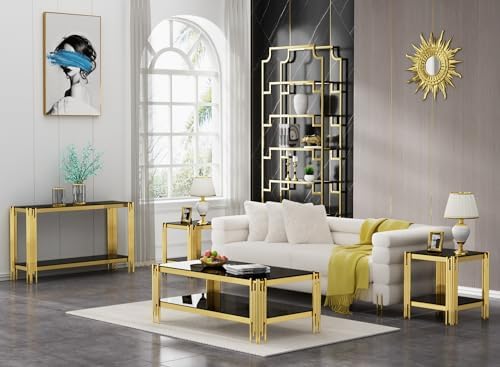 20” Square Glass End Table, 2-Tier Side Table with Black Tempered Glass Top G...