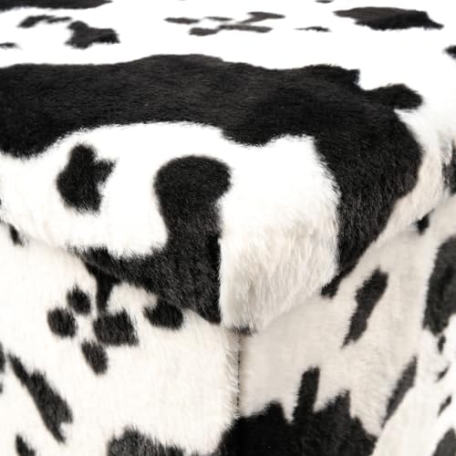 Luxe Faux Fur Storage Ottoman, Cowhide Black/White, 15 x 15 x 15 in