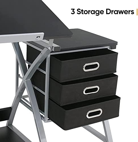JupiterForce Drafting Table with Tiltable Tabletop and Stool, 3 Storage Drawe...