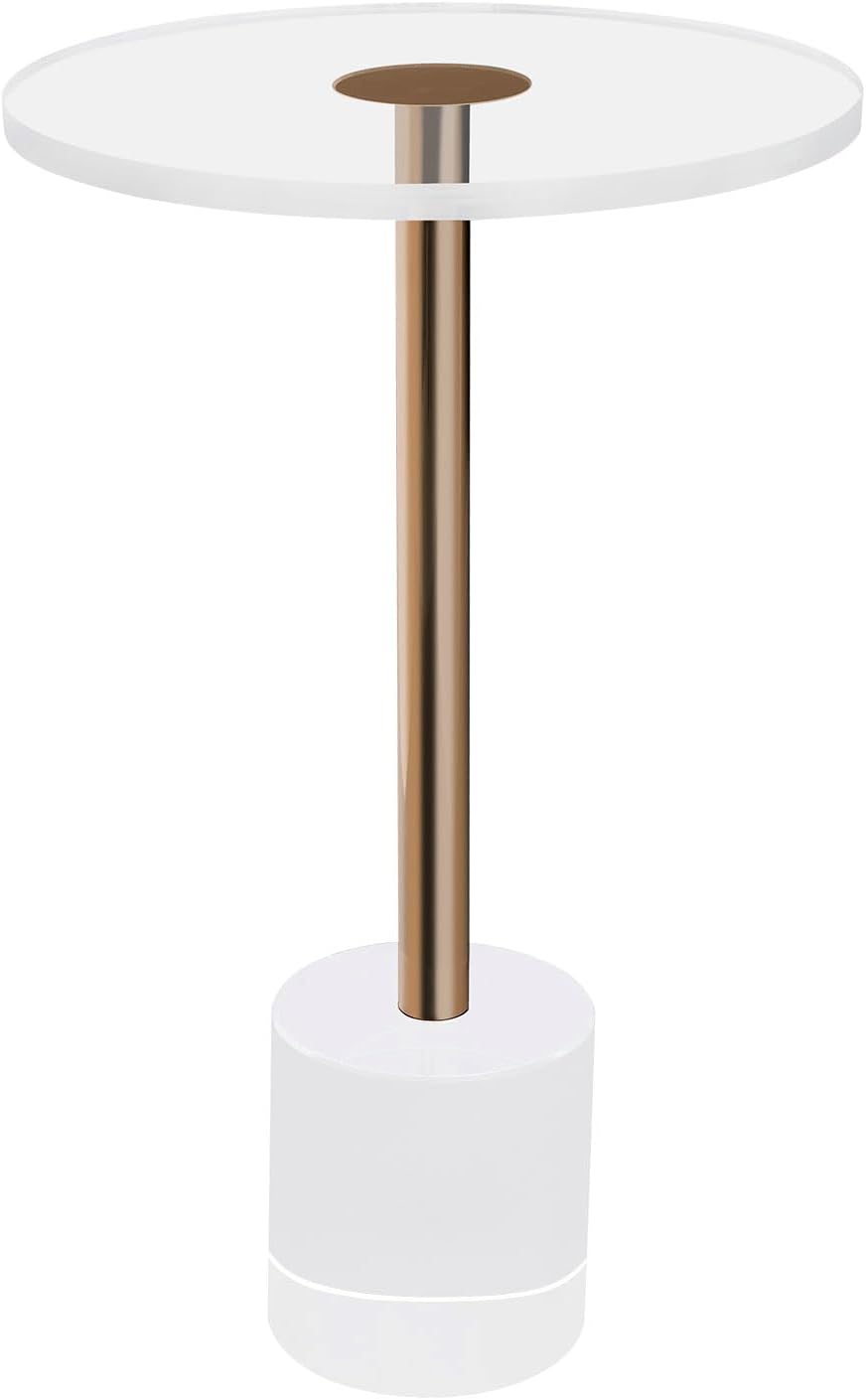 Modern Side Table with Cylindrical Base, Clear Acrylic End Table, Brushed Bra...