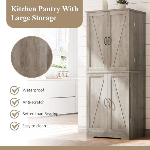 Vongrasig Kitchen Pantry Storage Cabinet with Barn Doors, Drawer and Adjustab...