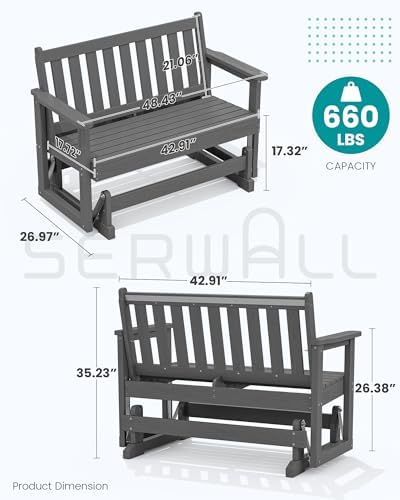 SERWALL 2 Person Patio Glider Bench, HDPE All Weather Swinging Bench, Grey