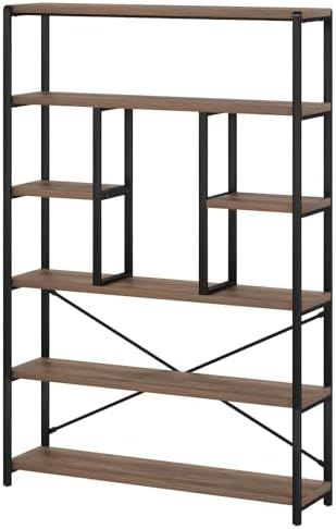 LVB 6 Tier Industrial Bookshelf for Bedroom Living Room Office, Rustic Oak