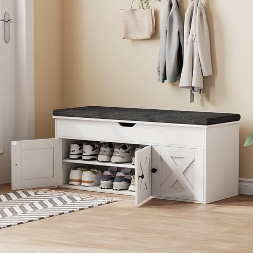 Homleke Shoe Storage Bench with Lift Top & 3 Barn Doors | Entryway Bench ...