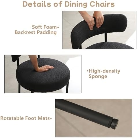 Black Dining Chairs Set of 4 Round Upholstered Boucle Dining Room Chairs Mid-...
