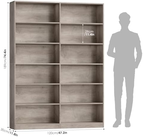 FACBOTALL Bookshelf Tall Bookcase, 6-Tier Double Wide Bookshelves,Wash Grey