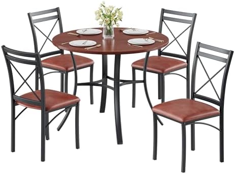 VECELO 5 Piece Dining Table Set for 4 with Chairs, Wood Grain Tabletop, Small...