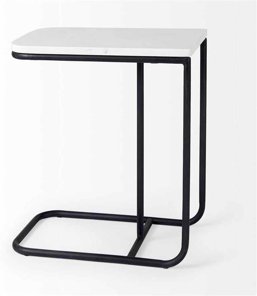 Pemberly Row C-Shaped Side Table, White Marble Top, Matte Black Iron Frame, M...
