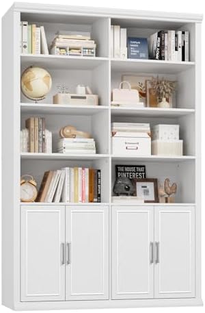 Rresyet 42" W Double Bookcase and Bookshelf with Doors, White