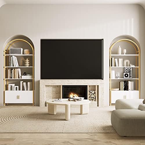 Jehiatek Gold Bookshelf, Arched Bookcase with Doors Storage, 71" Tall In...