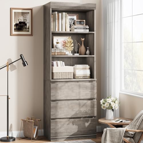 IDEALHOUSE 70" Tall Bookcase with Drawers, Open Book Shelves Library Boo...