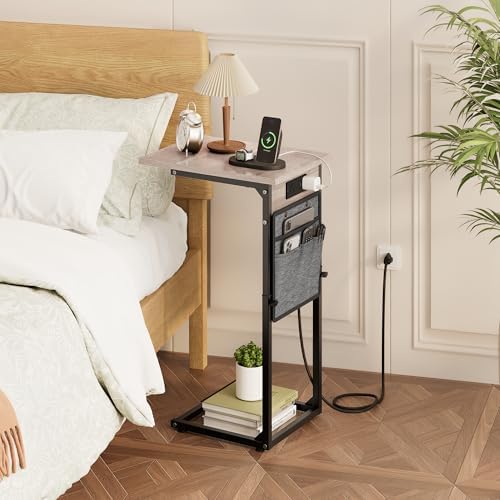 VAGUSICC C Shaped End Table with Charging Station, Adjustable Height Side Tab...
