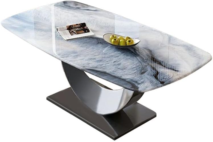 LAKIQ Stone Top Dining Table with Metal Pedestal Base Rectangular Modern Dinn...