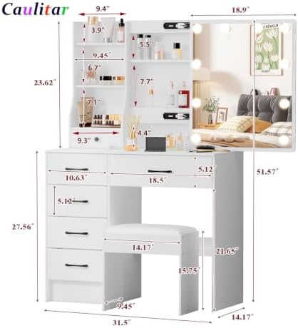 Vanity Desk with Mirror and Lights, 6 Drawers 6 Shelves 1 Stool & Sildeab...