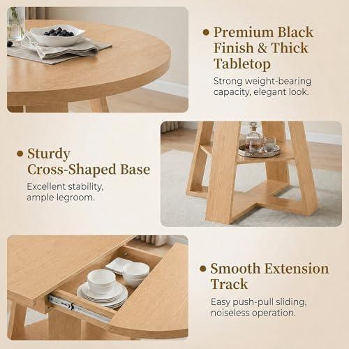 5 Piece Round Extendable Dining Table Set for 4, 43"-59" Natural Wo...