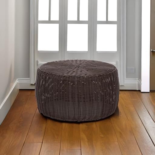 Household Essentials Round Handwoven Resin Storage Stool Ottoman, Brown