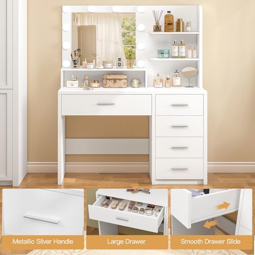 Quimoo Vanity Desk with Mirror & Lights, Makeup Vanity with 5 Drawers &am...