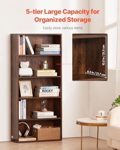 VEVOR 5 Tiers Narrow Bookshelf, 53 in Wooden Open Bookcase with Height-Adjust...