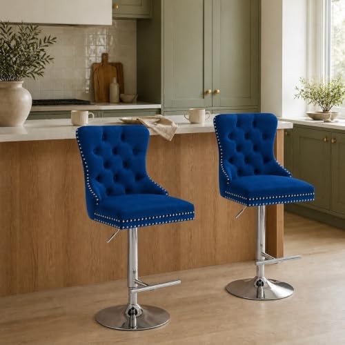 Blue Modern Swivel Bar Stools Set of 2, Velvet Counter Height Bar Stools for ...
