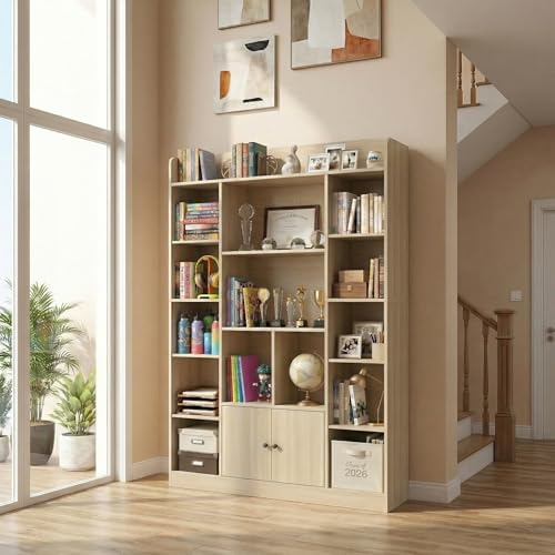 DIYART 63" Tall Oak Bookshelf with 14 Cubbies & 2 Cabinets, 5-Tier L...